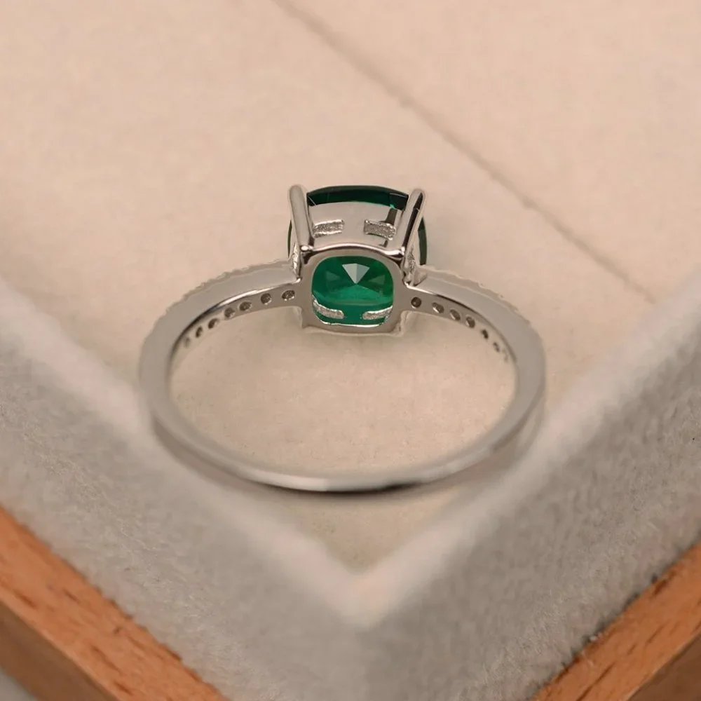 Emerald-Cut Green Solitaire Ring with Pavé Band - Women Jewelry